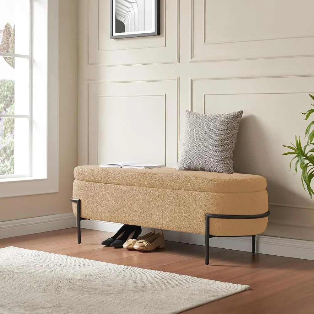 Bedroom Upholstered Storage Ottoman Bench Beige Metal Stand End of Bed Storage Furniture with Boucle Fabric