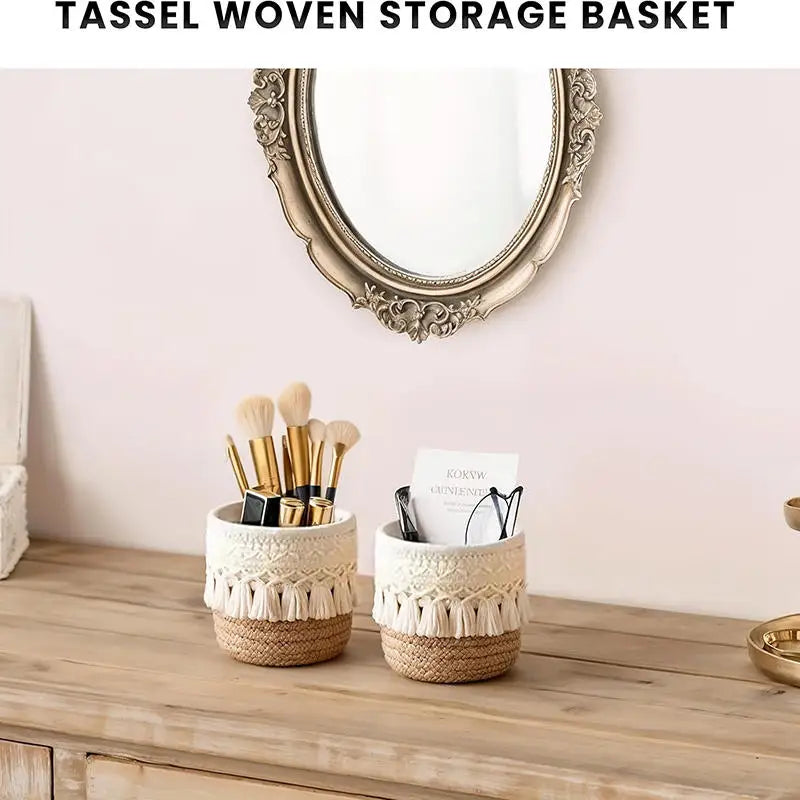 Cosmetic Storage Basket Cotton Woven Makeup Brush Holder Bedroom Decor Organizer Case Desktop Sundries Tidy Box With Tassel