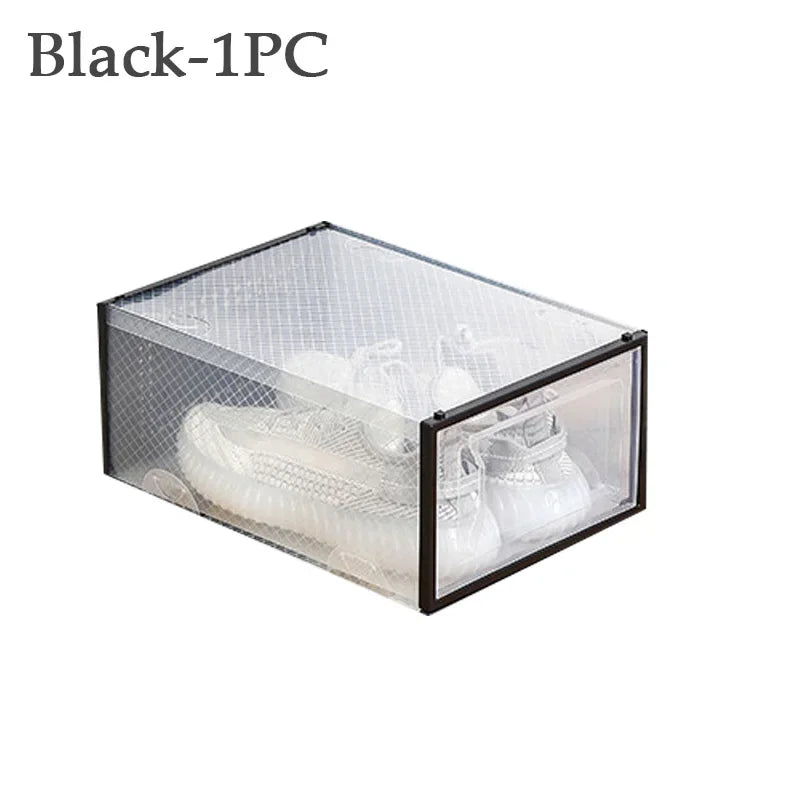 Foldable Clear Plastic Storage Box with Flip Cover Drawer Thick Space Saving Organizer Rack for Shoes Closet Cabinet Bedroom