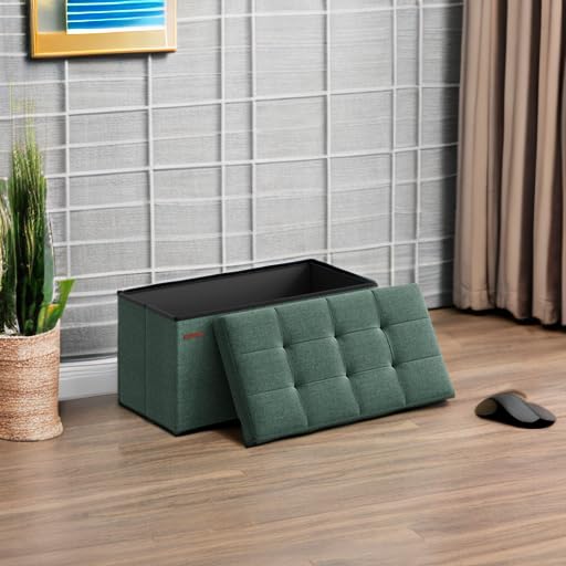 SONGMICS Mazie Collection - 30 Inches Folding Storage Ottoman Bench, Ottoman Foot Rest, End of Bed Bench, Storage Chest, Load 660 lb, for Living Room, Bedroom, Entryway, Ink Black ULSF047B01