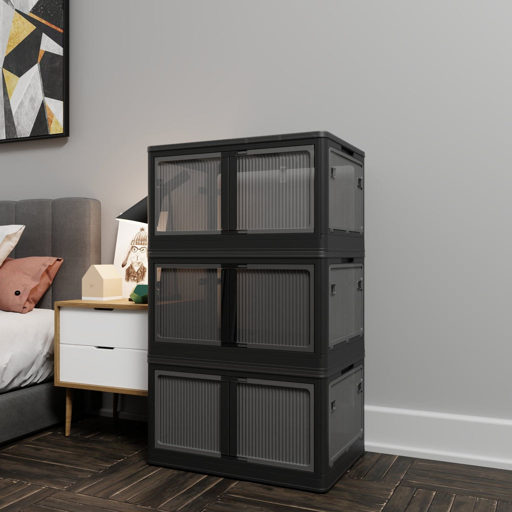 506QT 4-Pack Transparent Stackable Storage Bins with 5 Doors to Open with Wheels, Folding Plastic Craft Containers Large Closet Organizers Box for Bedrooms Living Rooms Study Kids' Toys, Black