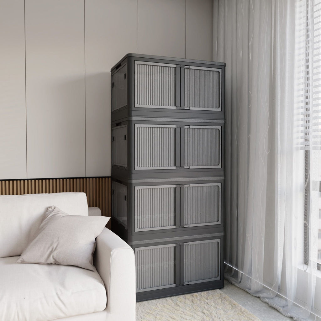 506QT 4-Pack Transparent Stackable Storage Bins with 5 Doors to Open with Wheels, Folding Plastic Craft Containers Large Closet Organizers Box for Bedrooms Living Rooms Study Kids' Toys, Black