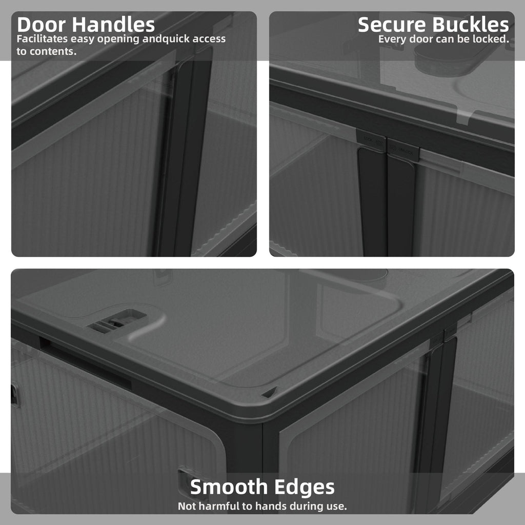 506QT 4-Pack Transparent Stackable Storage Bins with 5 Doors to Open with Wheels, Folding Plastic Craft Containers Large Closet Organizers Box for Bedrooms Living Rooms Study Kids' Toys, Black