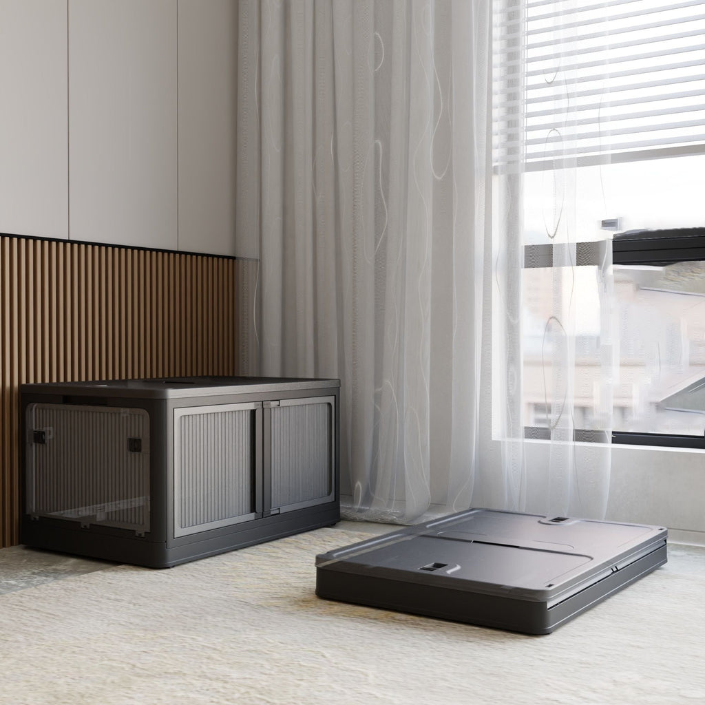 506QT 4-Pack Transparent Stackable Storage Bins with 5 Doors to Open with Wheels, Folding Plastic Craft Containers Large Closet Organizers Box for Bedrooms Living Rooms Study Kids' Toys, Black