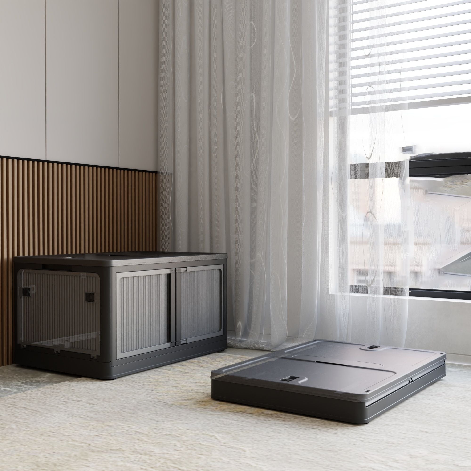 506QT 4-Pack Transparent Stackable Storage Bins with 5 Doors to Open with Wheels, Folding Plastic Craft Containers Large Closet Organizers Box for Bedrooms Living Rooms Study Kids' Toys, Black