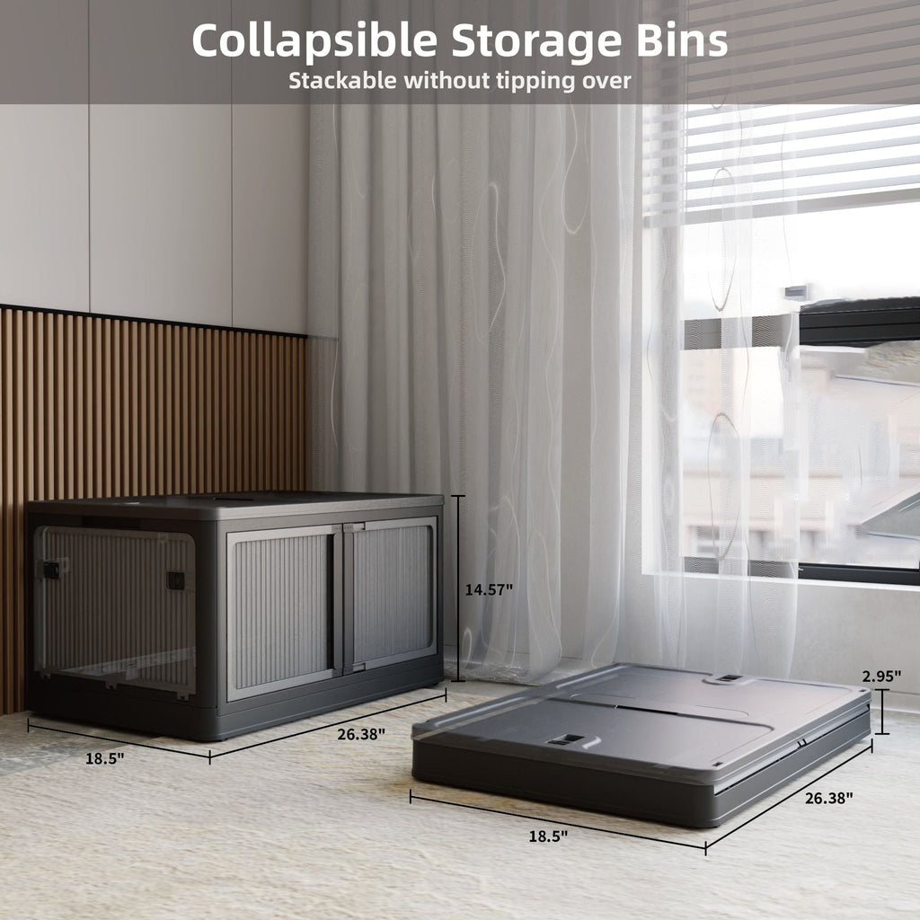 506QT 4-Pack Transparent Stackable Storage Bins with 5 Doors to Open with Wheels, Folding Plastic Craft Containers Large Closet Organizers Box for Bedrooms Living Rooms Study Kids' Toys, Black