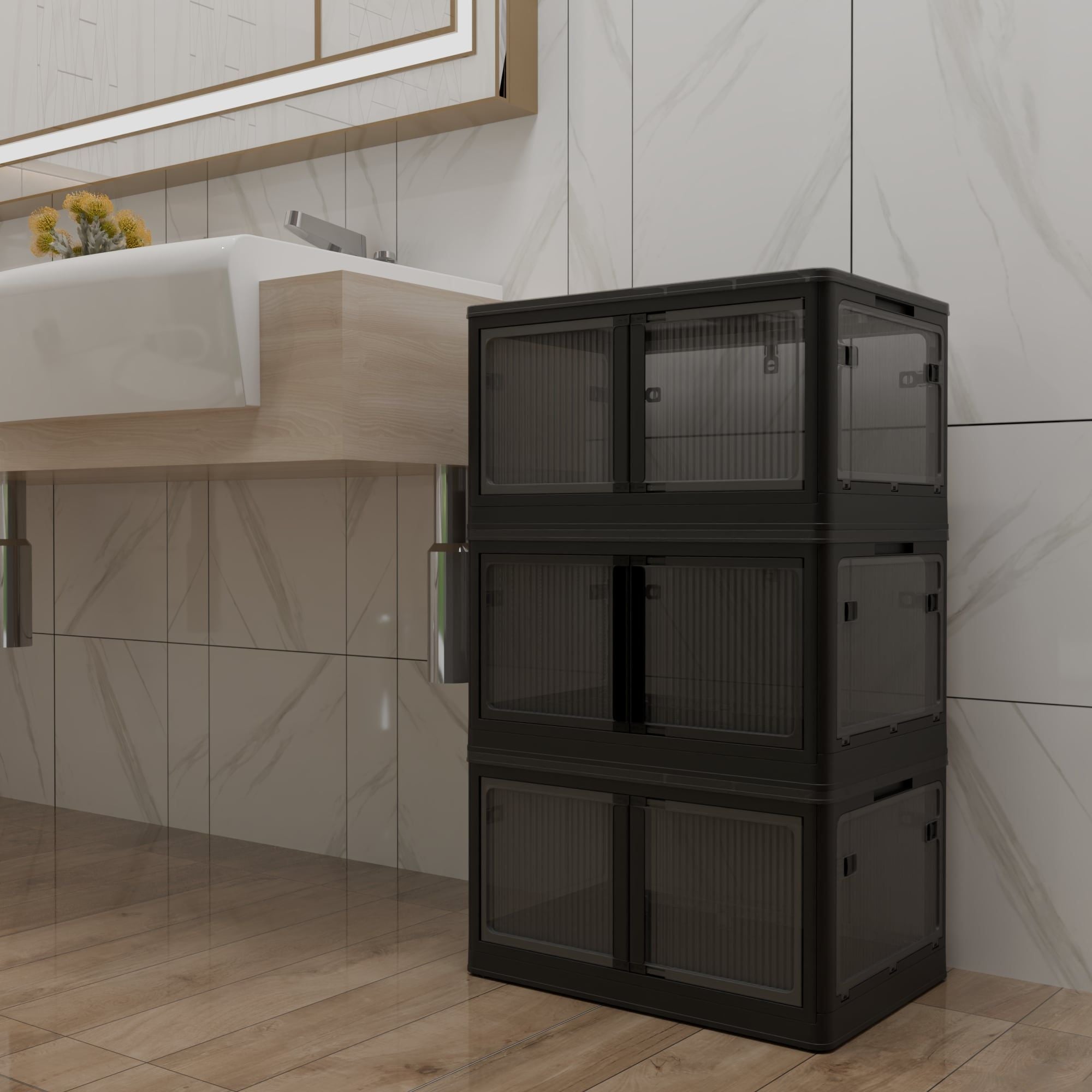 506QT 4-Pack Transparent Stackable Storage Bins with 5 Doors to Open with Wheels, Folding Plastic Craft Containers Large Closet Organizers Box for Bedrooms Living Rooms Study Kids' Toys, Black