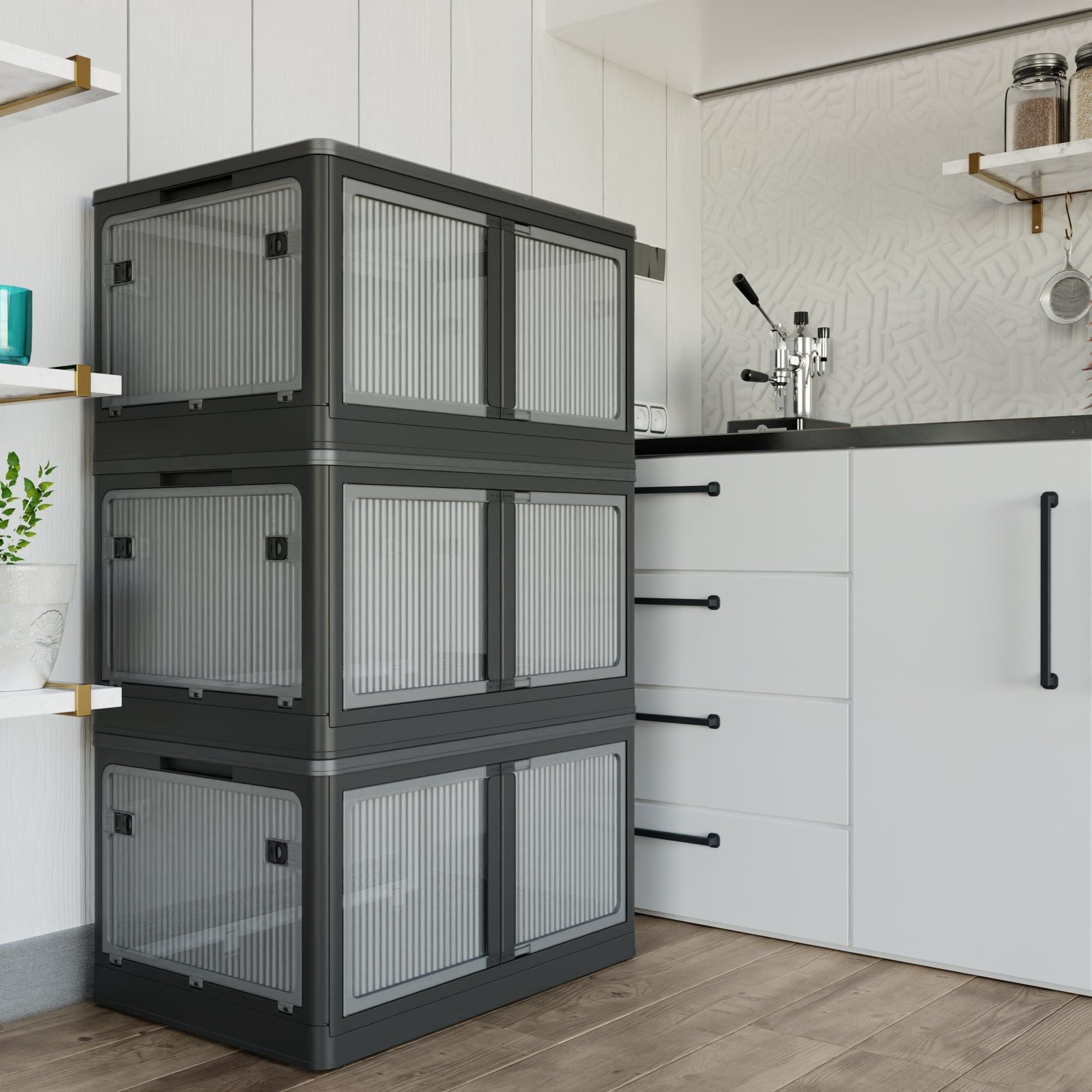 506QT 4-Pack Transparent Stackable Storage Bins with 5 Doors to Open with Wheels, Folding Plastic Craft Containers Large Closet Organizers Box for Bedrooms Living Rooms Study Kids' Toys, Black