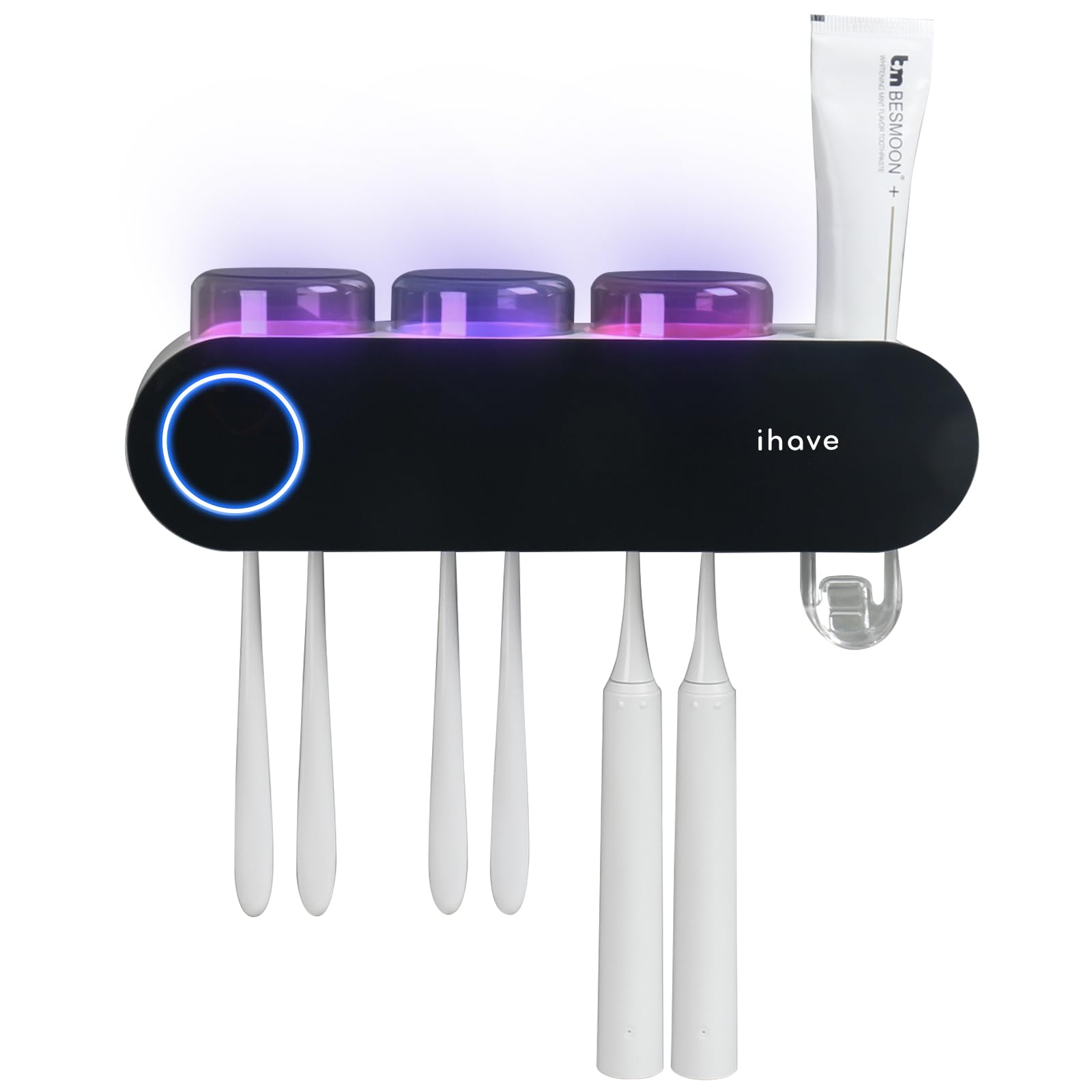 iHave Wall Mounted Electric Toothbrush Holders with 3 Cups, UV Sanitizer, Toothpaste Dispenser, Smart Home Bathroom Accessories & Decor, Black