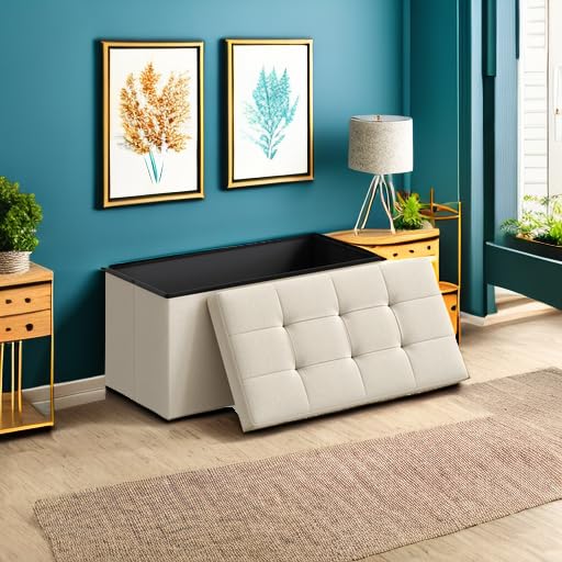 SONGMICS Mazie Collection - 30 Inches Folding Storage Ottoman Bench, Ottoman Foot Rest, End of Bed Bench, Storage Chest, Load 660 lb, for Living Room, Bedroom, Entryway, Ink Black ULSF047B01