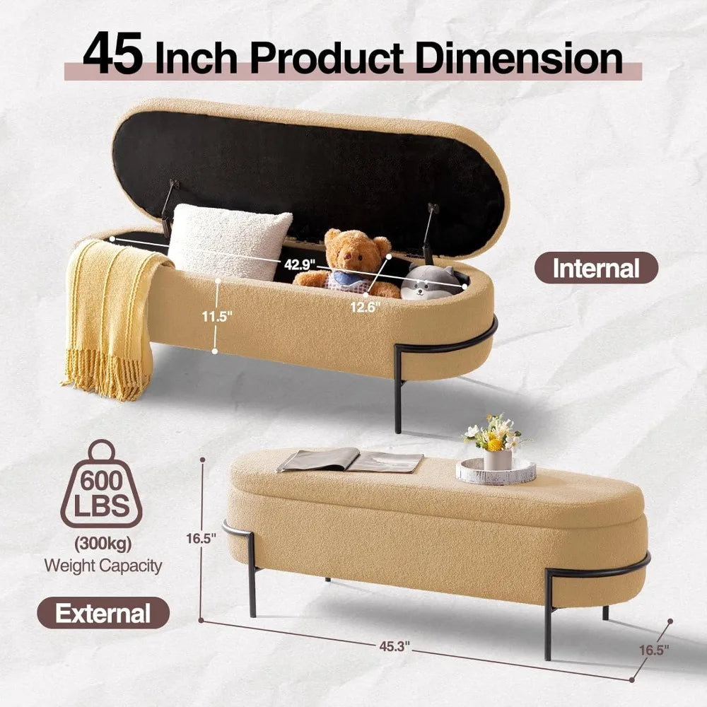 Bedroom Upholstered Storage Ottoman Bench Beige Metal Stand End of Bed Storage Furniture with Boucle Fabric