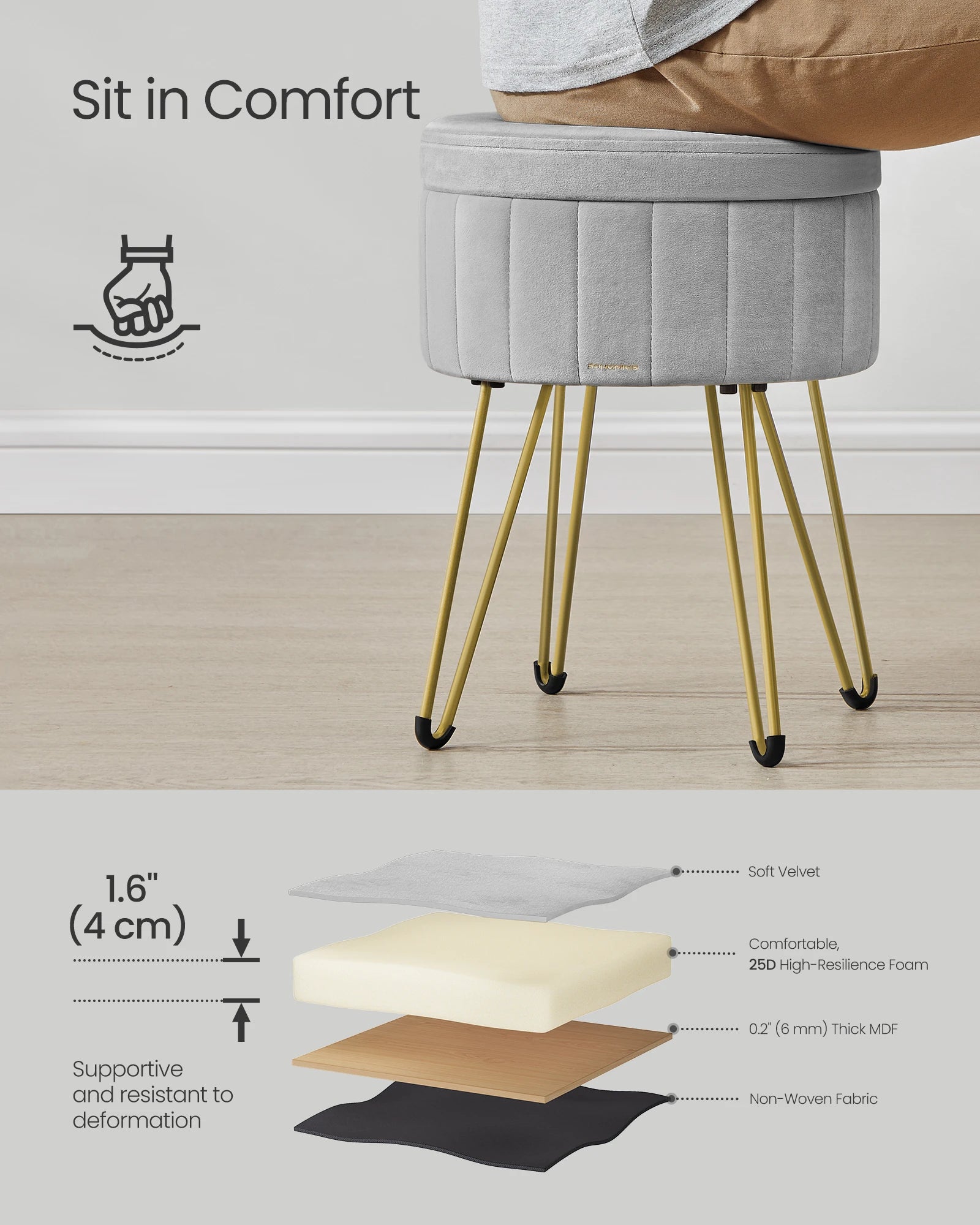 Vanity Stool Chair Velvet Makeup Stool With 4 Metal Legs For Room Living Room Bedroom Small Ottoman Stool With Storage