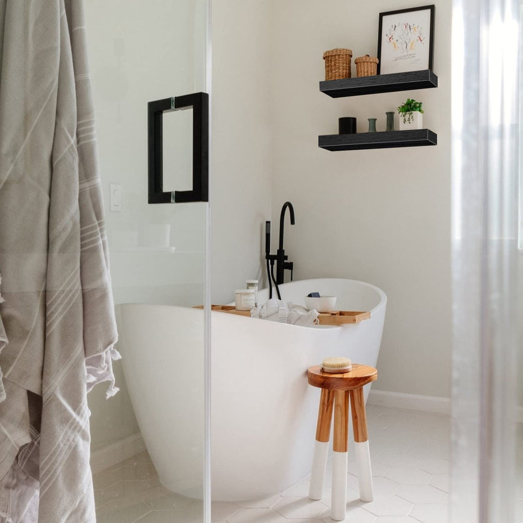 QEEIG Bathroom Floating Shelves for Wall - 15.7" Wall Mounted Shelf Over Toilet Farmhouse Home Decor Display Bookshelf Small 15.7 x 6.7 inch Set of 2, Rustic Brown (008-40BN)