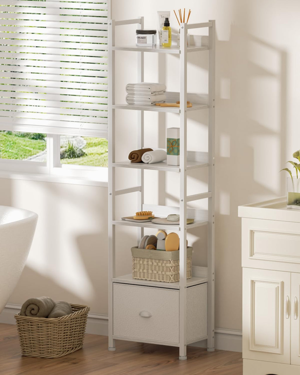 Furologee 5 Tier Bookshelf with Drawer, Tall Narrow Bookcase with Shelves, Wood and Metal Bookshelves Storage Organizer, Industrial Display Standing Shelf Unit for Bedroom, Living Room, Rustic Brown