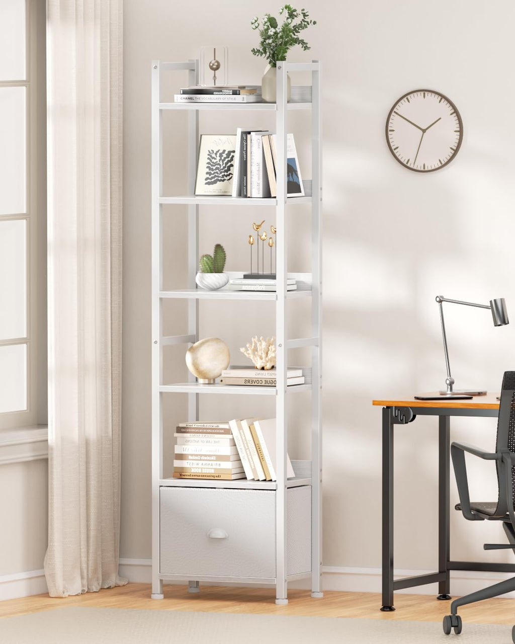 Furologee 5 Tier Bookshelf with Drawer, Tall Narrow Bookcase with Shelves, Wood and Metal Bookshelves Storage Organizer, Industrial Display Standing Shelf Unit for Bedroom, Living Room, Rustic Brown