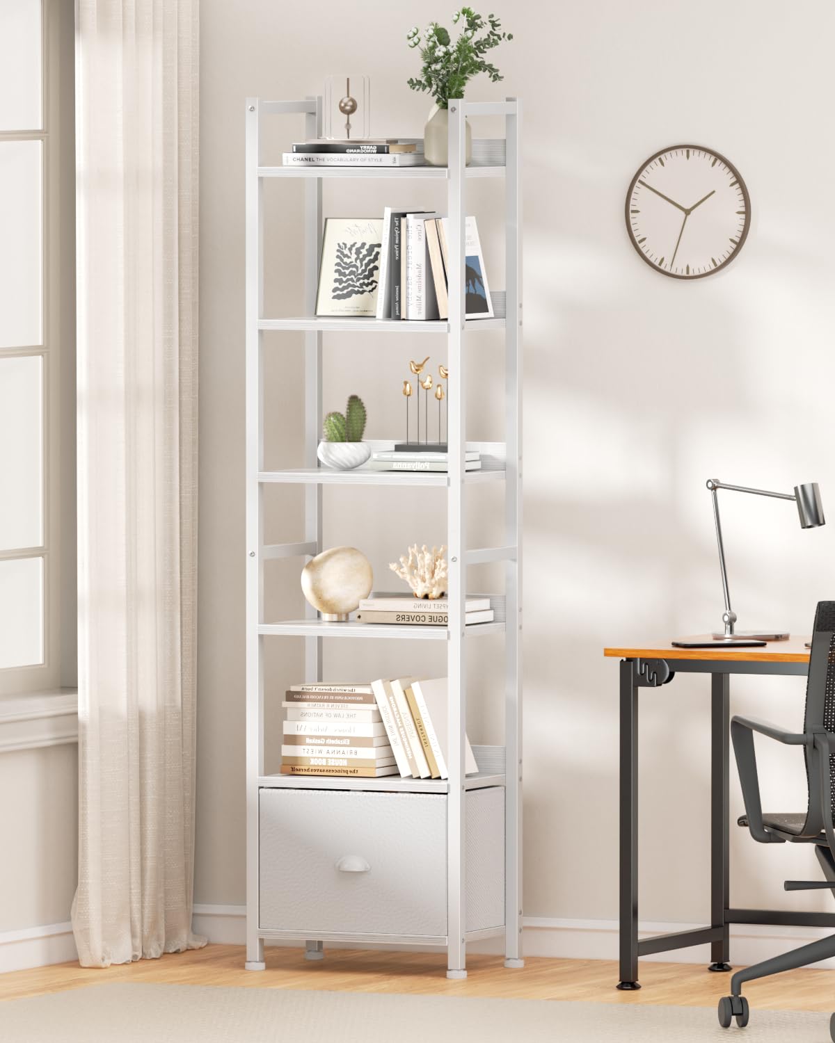 Furologee 5 Tier Bookshelf with Drawer, Tall Narrow Bookcase with Shelves, Wood and Metal Bookshelves Storage Organizer, Industrial Display Standing Shelf Unit for Bedroom, Living Room, Rustic Brown