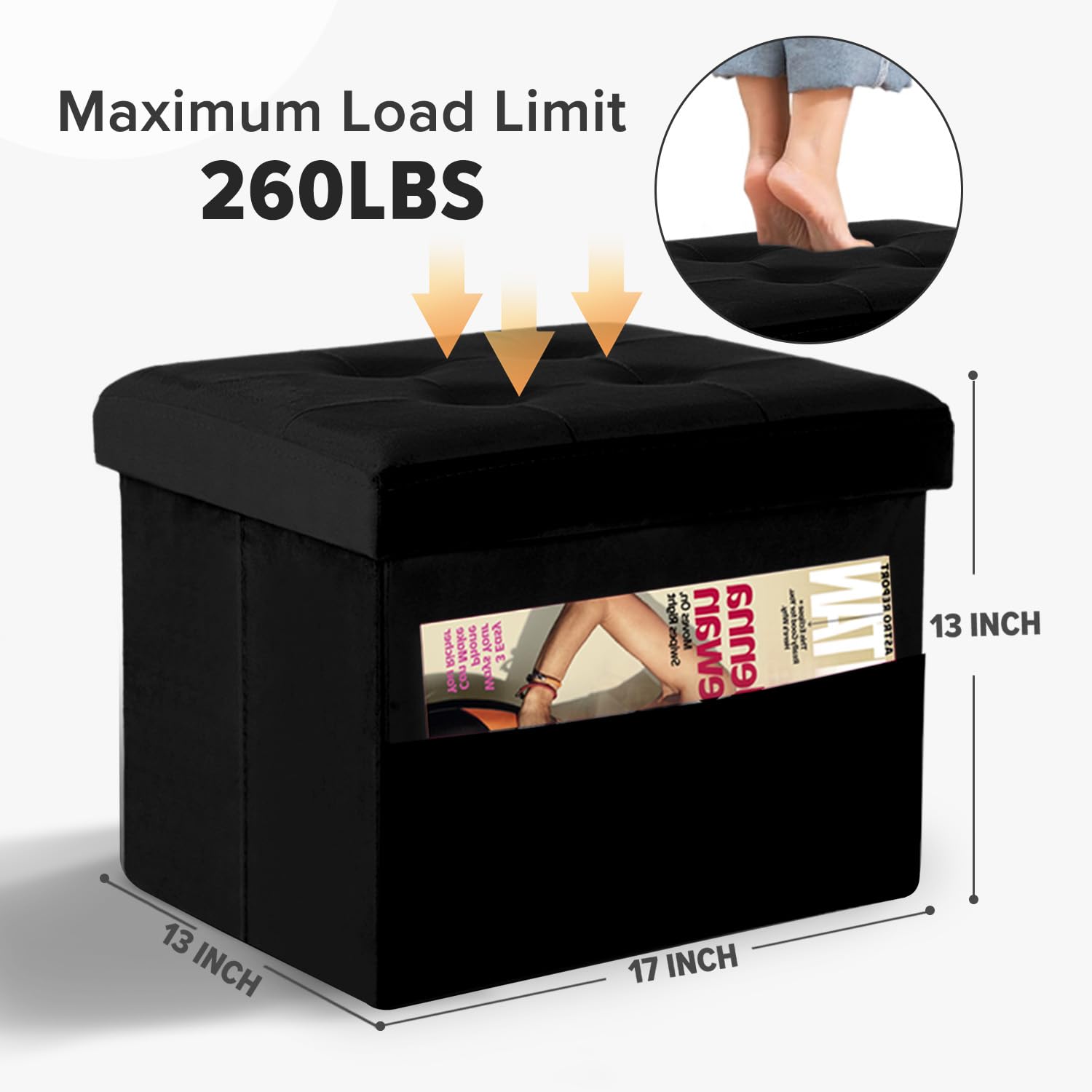 LINMAGCO Ottoman Storage Ottoman with Storage Small Foot Rest Stool Under Desk Stool Short Folding Footrest Linen Cloth Dark Gray 16X12X12IN