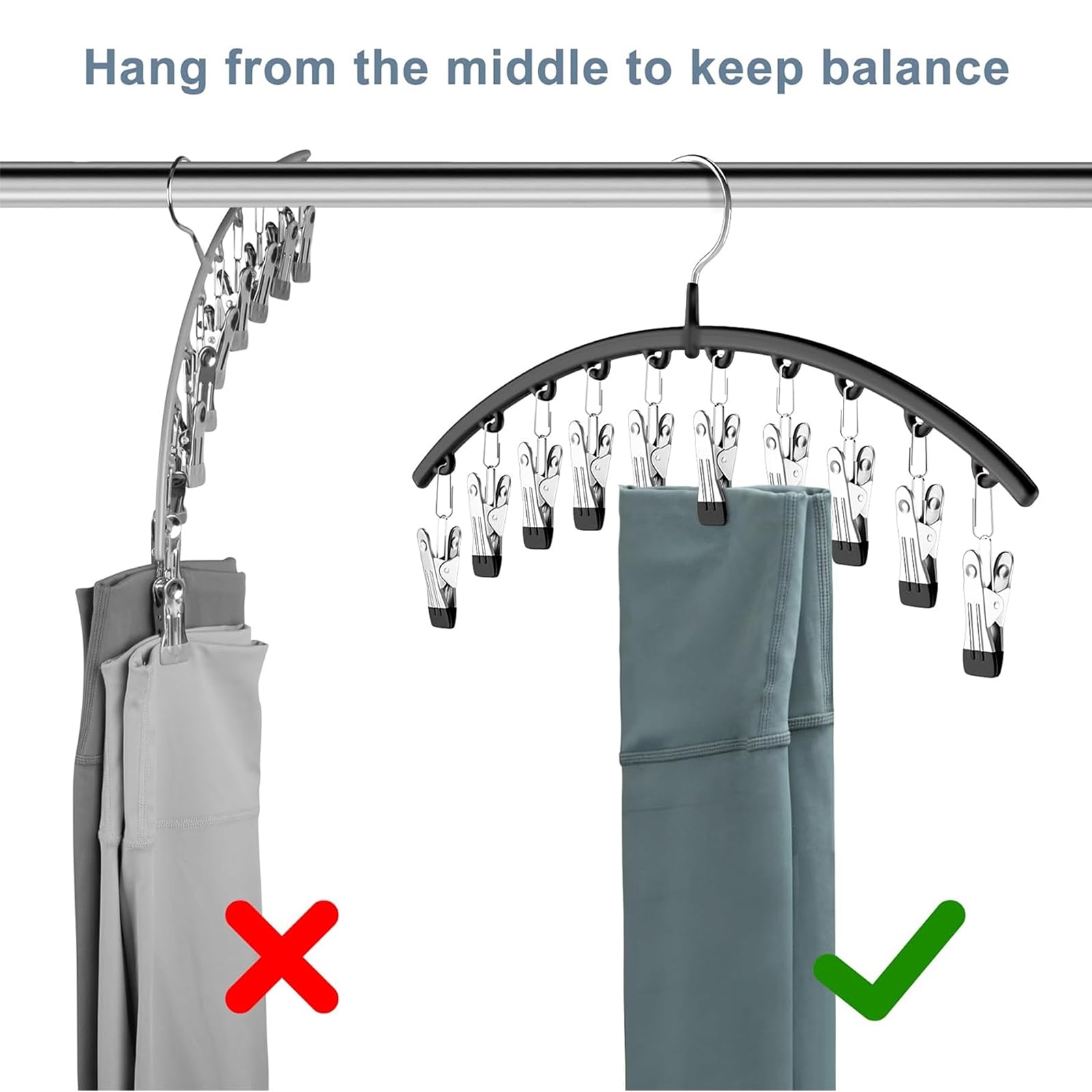 Legging Organizer for Closet, Metal Yoga Pants Hangers 2 Pack w/10 Clips Holds 20 Leggings, Space Saving Hanging Closet Organizer w/Rubber Coated Closet Organizers and Storage, Black