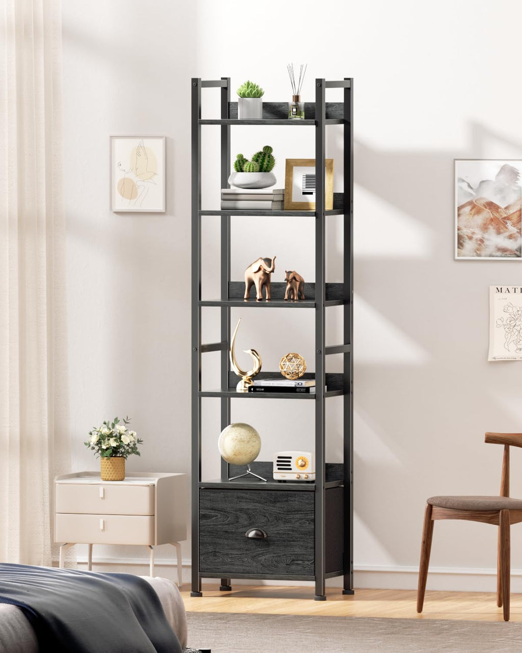 Furologee 5 Tier Bookshelf with Drawer, Tall Narrow Bookcase with Shelves, Wood and Metal Bookshelves Storage Organizer, Industrial Display Standing Shelf Unit for Bedroom, Living Room, Rustic Brown