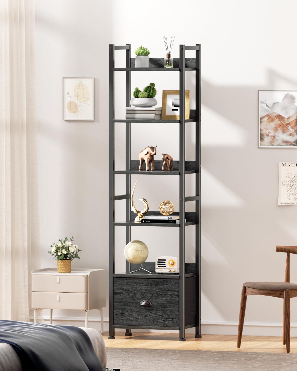 Furologee 5 Tier Bookshelf with Drawer, Tall Narrow Bookcase with Shelves, Wood and Metal Bookshelves Storage Organizer, Industrial Display Standing Shelf Unit for Bedroom, Living Room, Rustic Brown