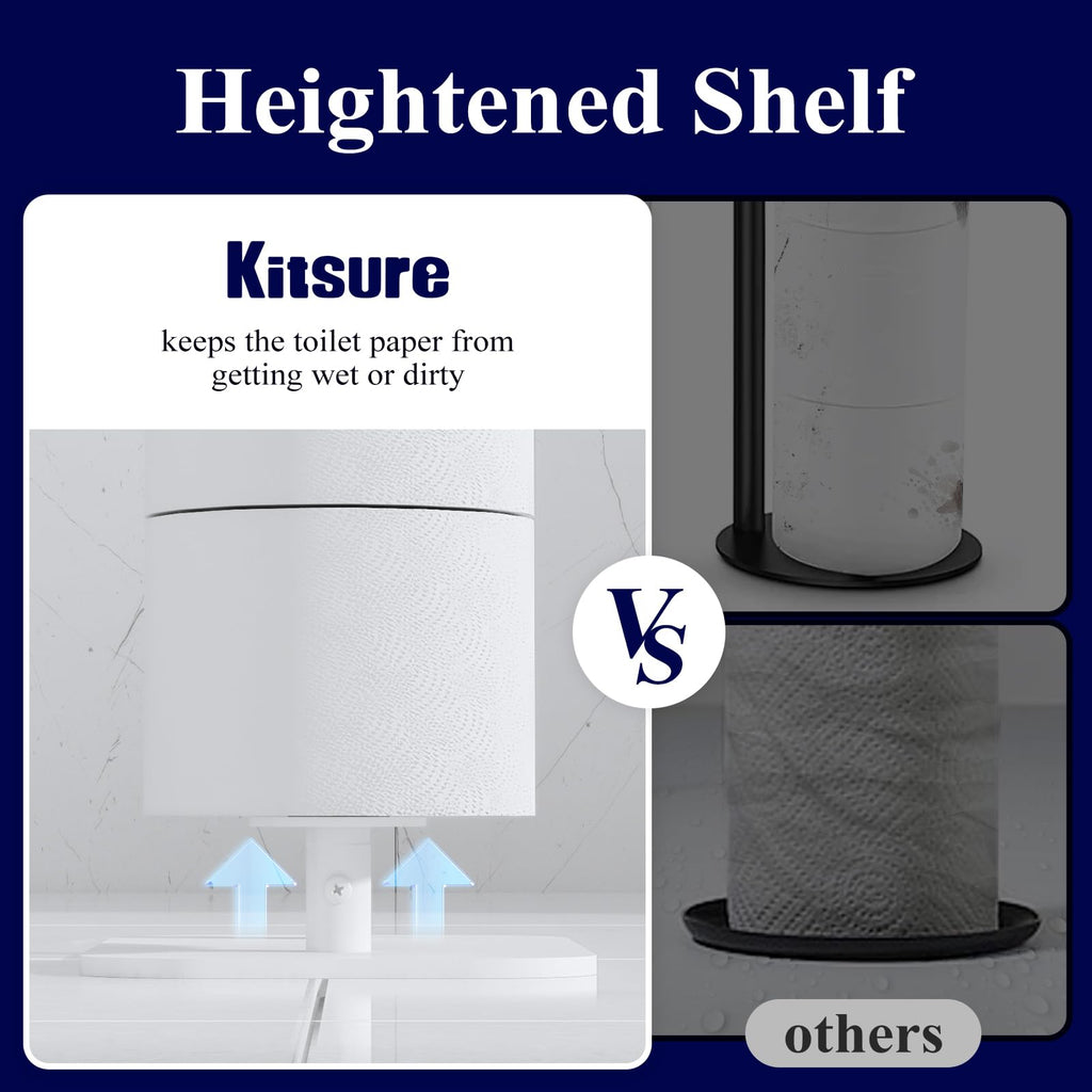 Kitsure Toilet Paper Holder Free Standing – Rustproof Metal Toilet Paper Stand for 4 Rolls with Anti-Slip Base and Shelf for Phone & Small Items, Bathroom Organizers and Storage, Medium, Black