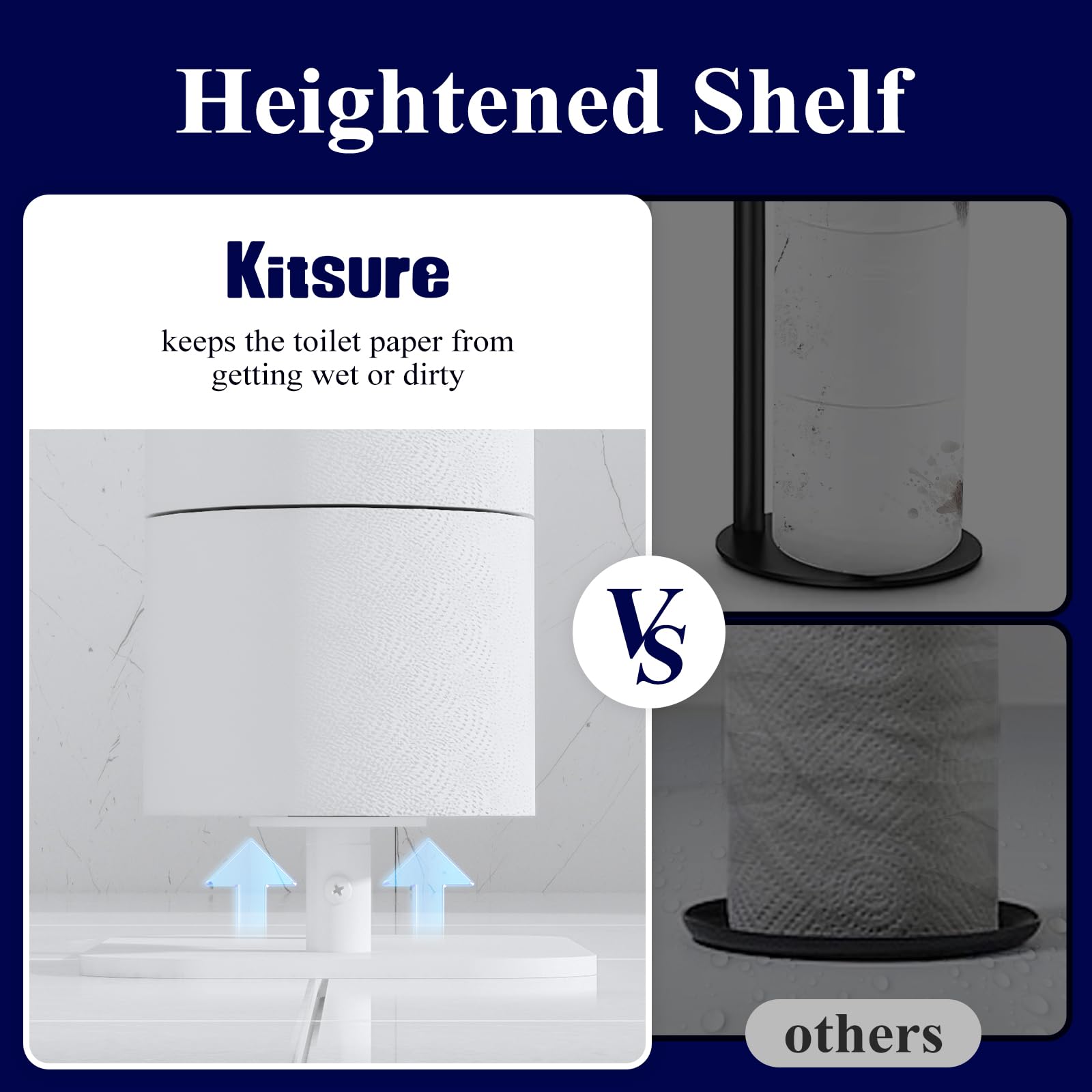 Kitsure Toilet Paper Holder Free Standing – Rustproof Metal Toilet Paper Stand for 4 Rolls with Anti-Slip Base and Shelf for Phone & Small Items, Bathroom Organizers and Storage, Medium, Black