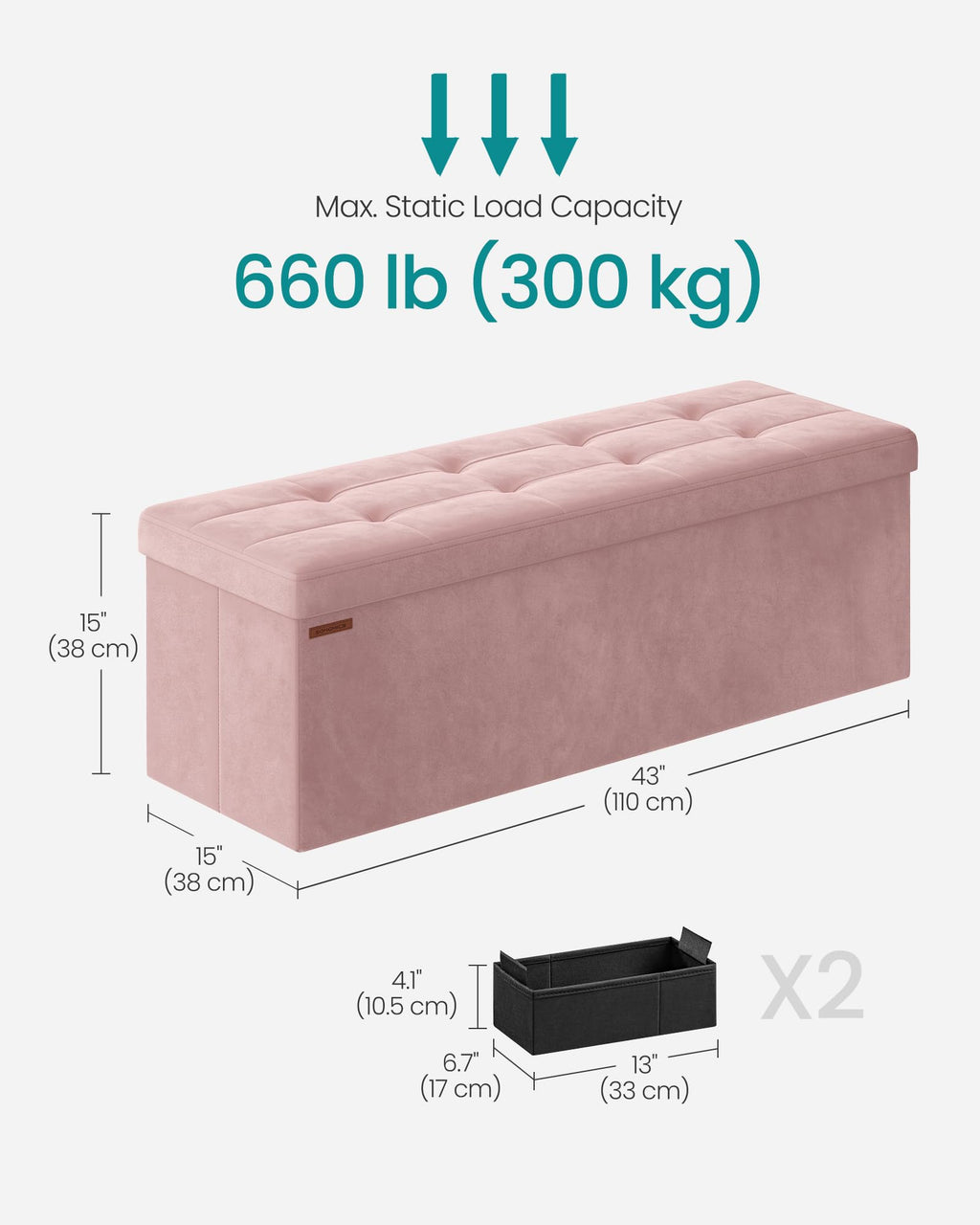 SONGMICS Mazie Collection - Storage Ottoman Bench, Foldable Foot Rest, 15 x 43 x 15 Inches, End of Bed Bench, Storage Chest, Load 660 lb, Living Room, Bedroom, Entryway, Jelly Pink ULSF277R01