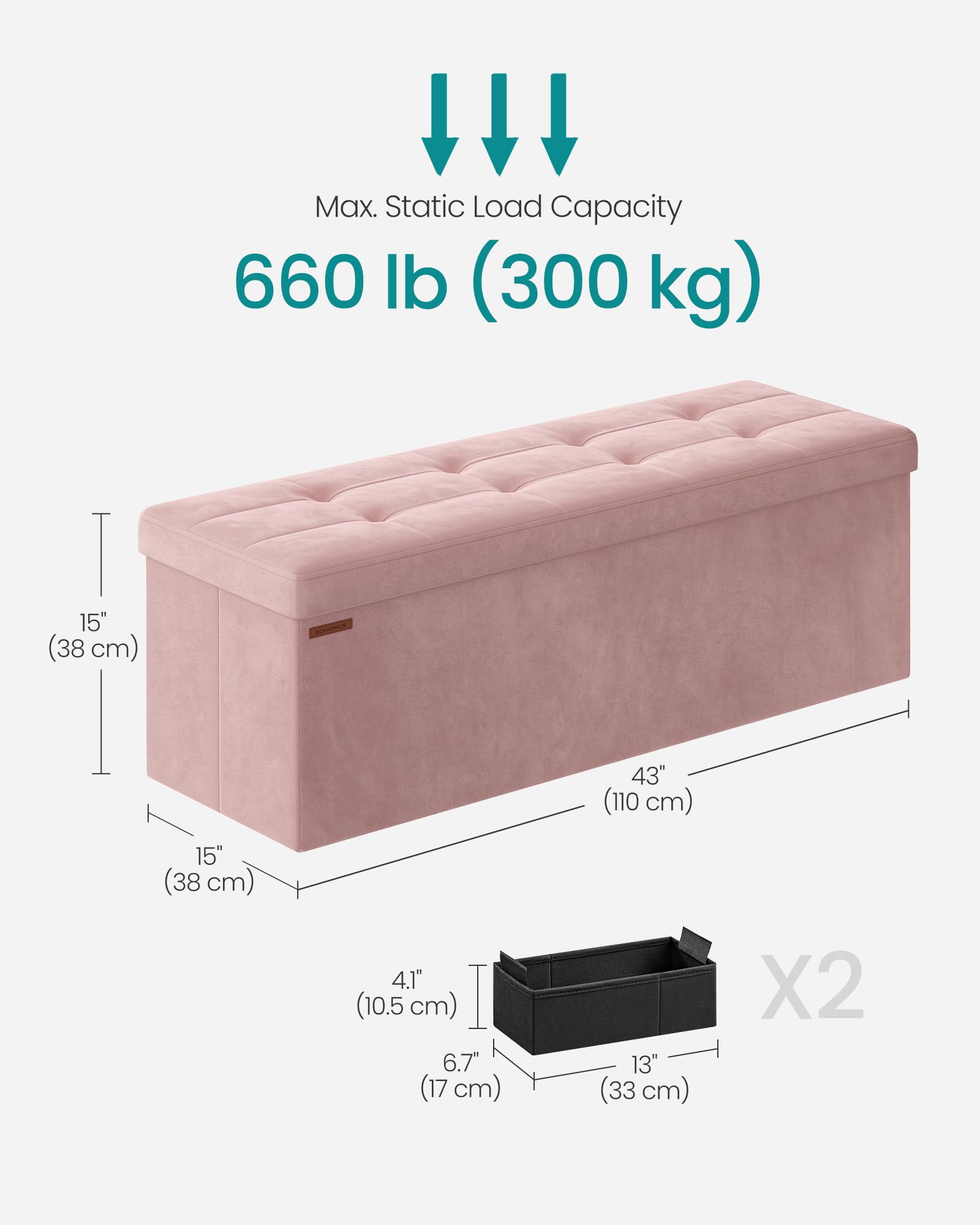 SONGMICS Mazie Collection - Storage Ottoman Bench, Foldable Foot Rest, 15 x 43 x 15 Inches, End of Bed Bench, Storage Chest, Load 660 lb, Living Room, Bedroom, Entryway, Jelly Pink ULSF277R01