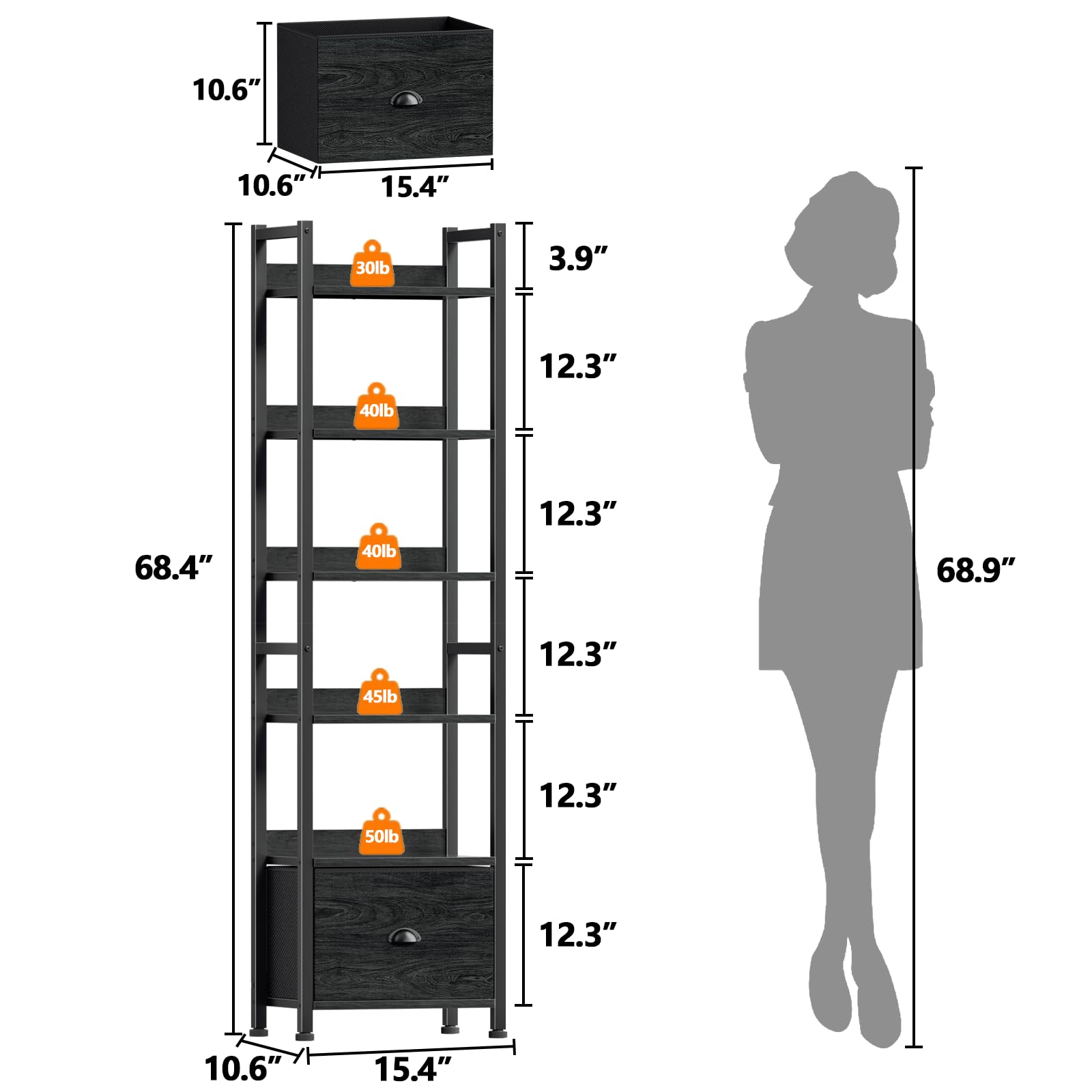 Furologee 5 Tier Bookshelf with Drawer, Tall Narrow Bookcase with Shelves, Wood and Metal Bookshelves Storage Organizer, Industrial Display Standing Shelf Unit for Bedroom, Living Room, Rustic Brown