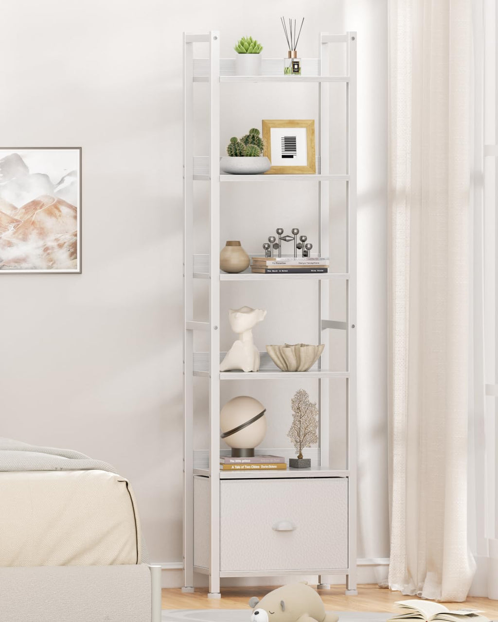 Furologee 5 Tier Bookshelf with Drawer, Tall Narrow Bookcase with Shelves, Wood and Metal Bookshelves Storage Organizer, Industrial Display Standing Shelf Unit for Bedroom, Living Room, Rustic Brown