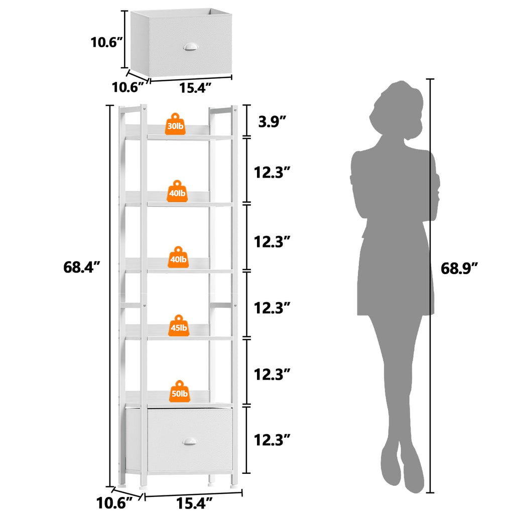 Furologee 5 Tier Bookshelf with Drawer, Tall Narrow Bookcase with Shelves, Wood and Metal Bookshelves Storage Organizer, Industrial Display Standing Shelf Unit for Bedroom, Living Room, Rustic Brown