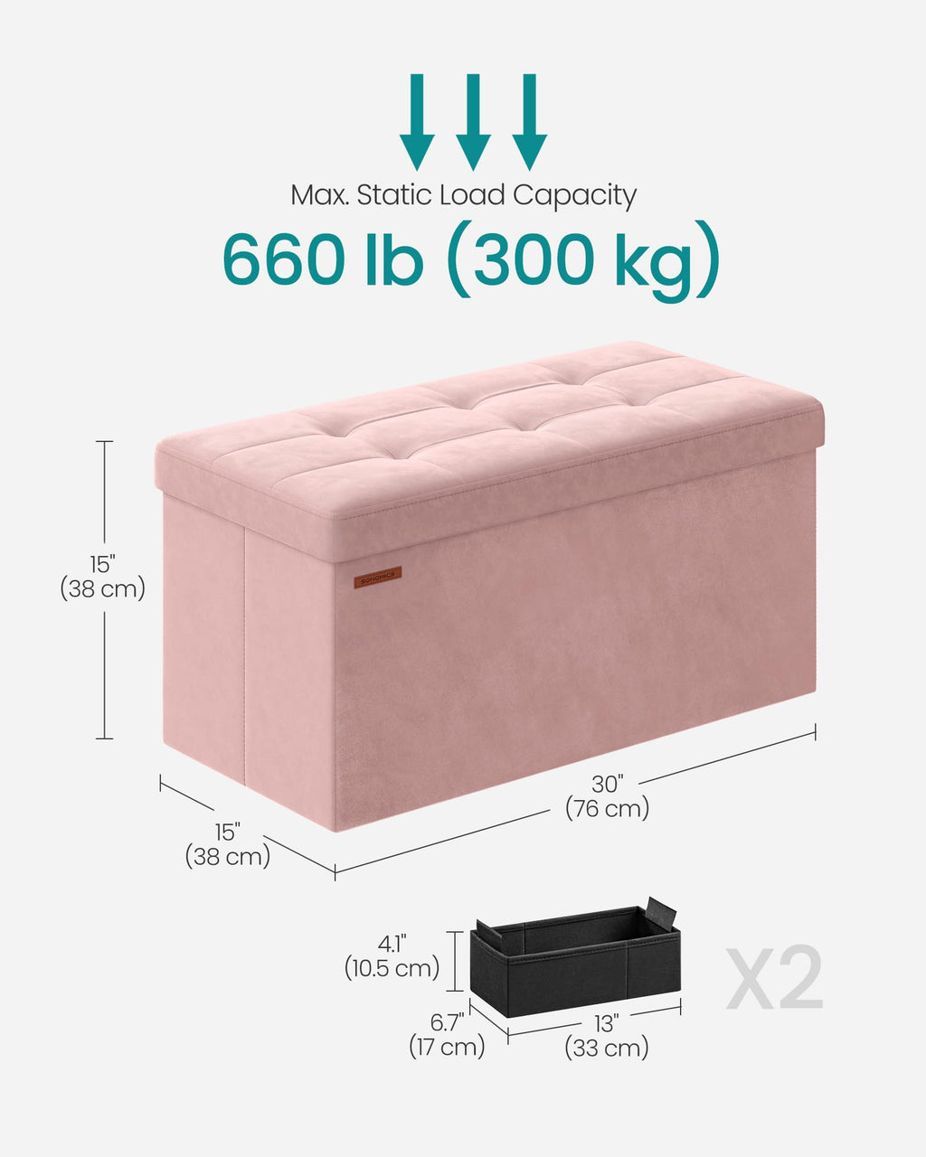 SONGMICS Mazie Collection - Storage Ottoman Bench, Foldable Foot Rest, 15 x 43 x 15 Inches, End of Bed Bench, Storage Chest, Load 660 lb, Living Room, Bedroom, Entryway, Jelly Pink ULSF277R01