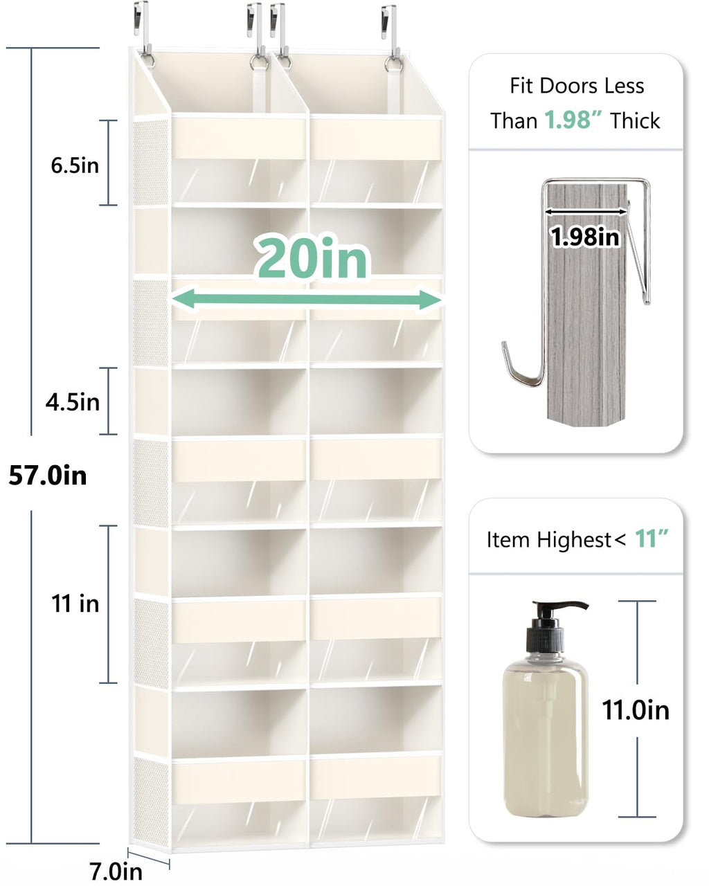 Heavy Duty Over The Door Organizer 5 Tiers, Extra Large Behind Door Storage of 10 Big Front & 10 Mesh Pockets, 80lb Weight Capacity, Hanging Doors Storage Organizer for Closet Bedroom Nursery, Grey