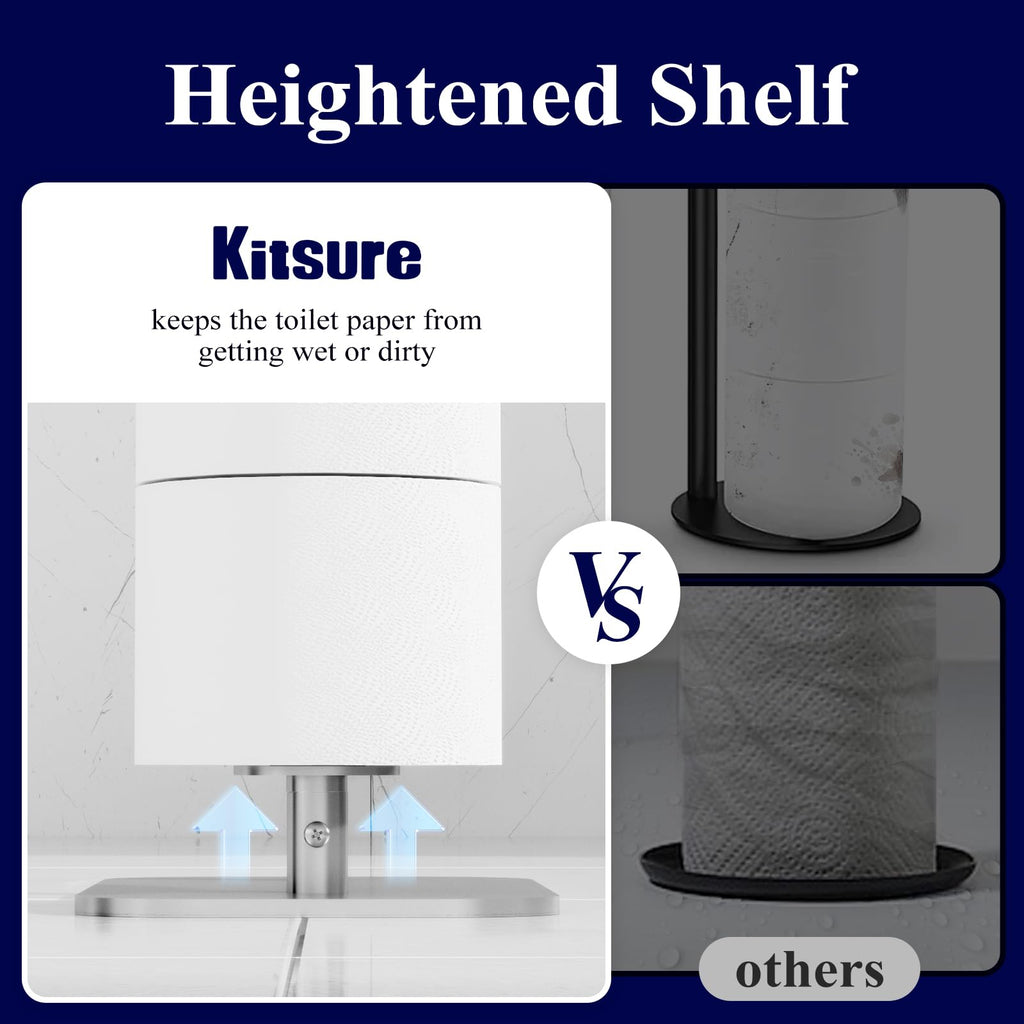 Kitsure Toilet Paper Holder Free Standing – Rustproof Metal Toilet Paper Stand for 4 Rolls with Anti-Slip Base and Shelf for Phone & Small Items, Bathroom Organizers and Storage, Medium, Black