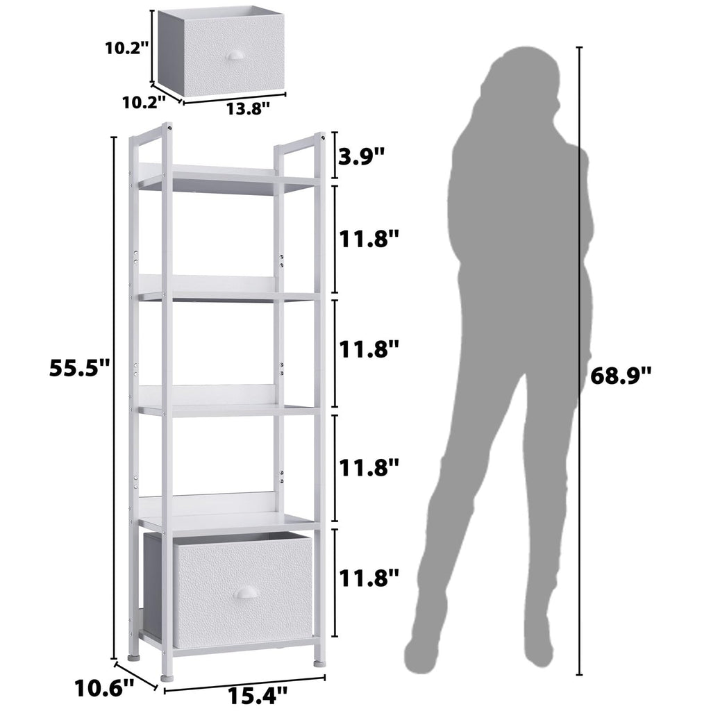 Furologee 5 Tier Bookshelf with Drawer, Tall Narrow Bookcase with Shelves, Wood and Metal Bookshelves Storage Organizer, Industrial Display Standing Shelf Unit for Bedroom, Living Room, Rustic Brown