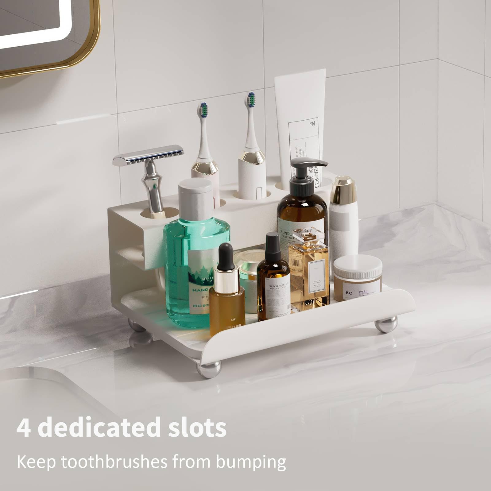 Quick Dry Electric Toothbrush Holder 4 Slots Metal Bathroom Counter Organizer for Toothpaste Razor Mouthwash, White
