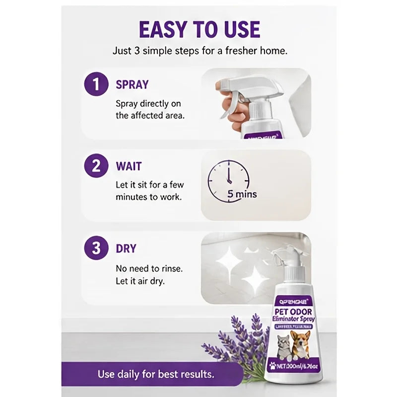 Pet Urine Odor Remover Spray, Efficient Stubborn Smell Eliminator, Pet Safe Deodorizer, Fast Drying No Residue Formula, Gentle D