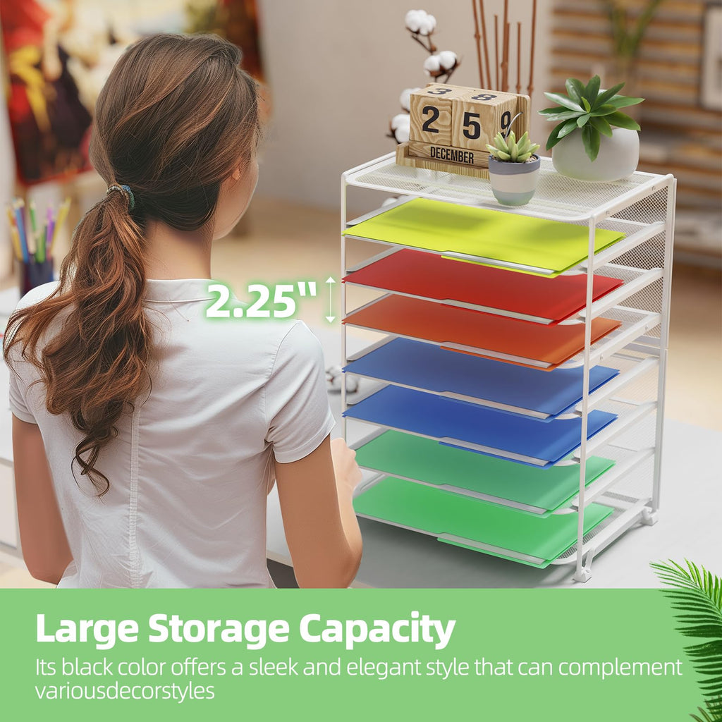 Simple Trending 7 Tier Desk File Organizer, Letter Tray Paper Organizer with Pen Holder and Metal Hanging Basket, Black