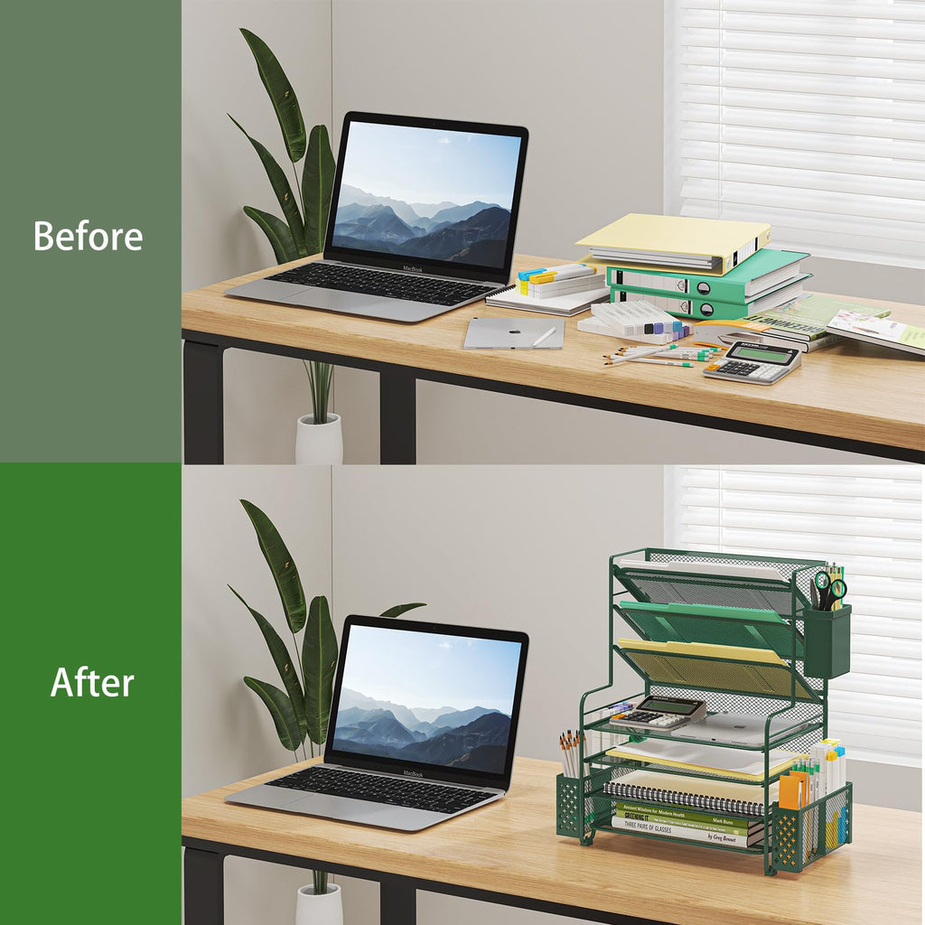 Simple Trending 7 Tier Desk File Organizer, Letter Tray Paper Organizer with Pen Holder and Metal Hanging Basket, Black