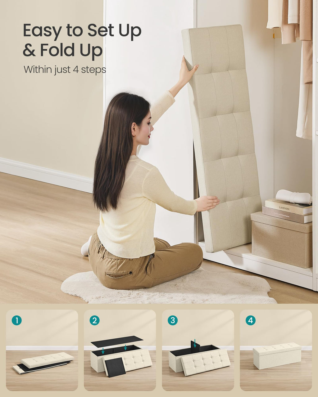 SONGMICS Mazie Collection - 30 Inches Folding Storage Ottoman Bench, Ottoman Foot Rest, End of Bed Bench, Storage Chest, Load 660 lb, for Living Room, Bedroom, Entryway, Ink Black ULSF047B01