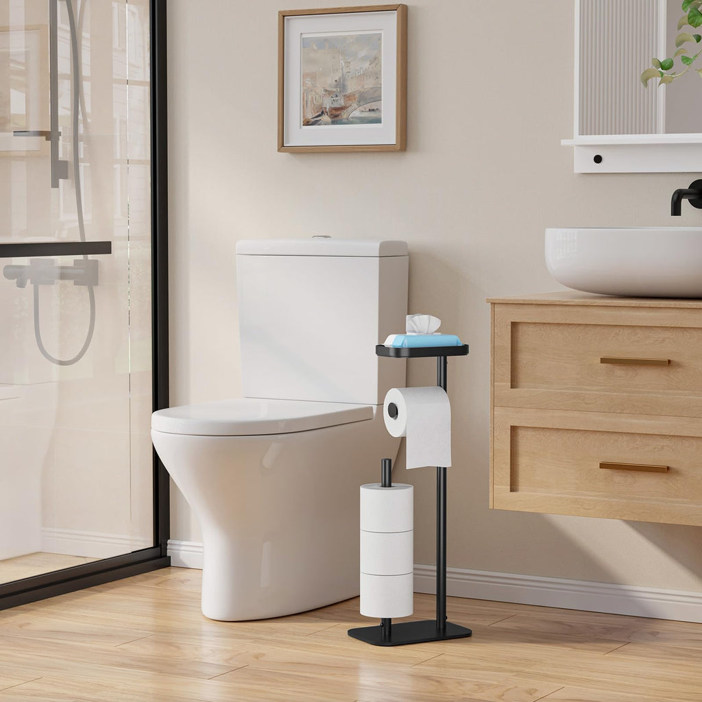 Kitsure Toilet Paper Holder Free Standing – Rustproof Metal Toilet Paper Stand for 4 Rolls with Anti-Slip Base and Shelf for Phone & Small Items, Bathroom Organizers and Storage, Medium, Black