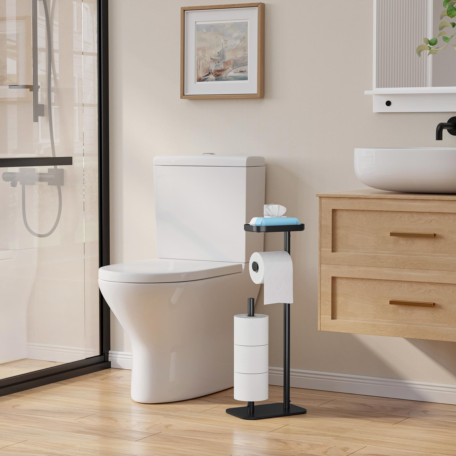 Kitsure Toilet Paper Holder Free Standing – Rustproof Metal Toilet Paper Stand for 4 Rolls with Anti-Slip Base and Shelf for Phone & Small Items, Bathroom Organizers and Storage, Medium, Black