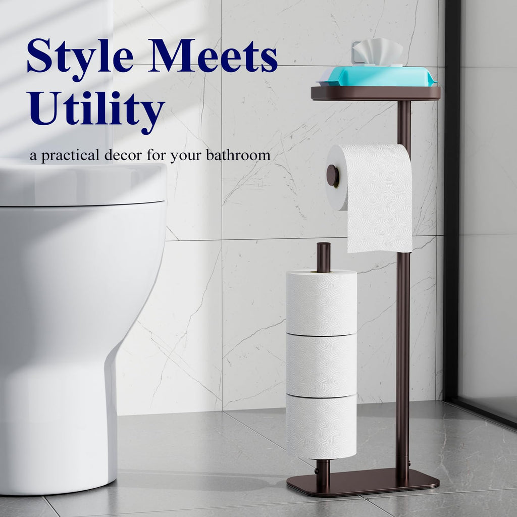 Kitsure Toilet Paper Holder Free Standing – Rustproof Metal Toilet Paper Stand for 4 Rolls with Anti-Slip Base and Shelf for Phone & Small Items, Bathroom Organizers and Storage, Medium, Black