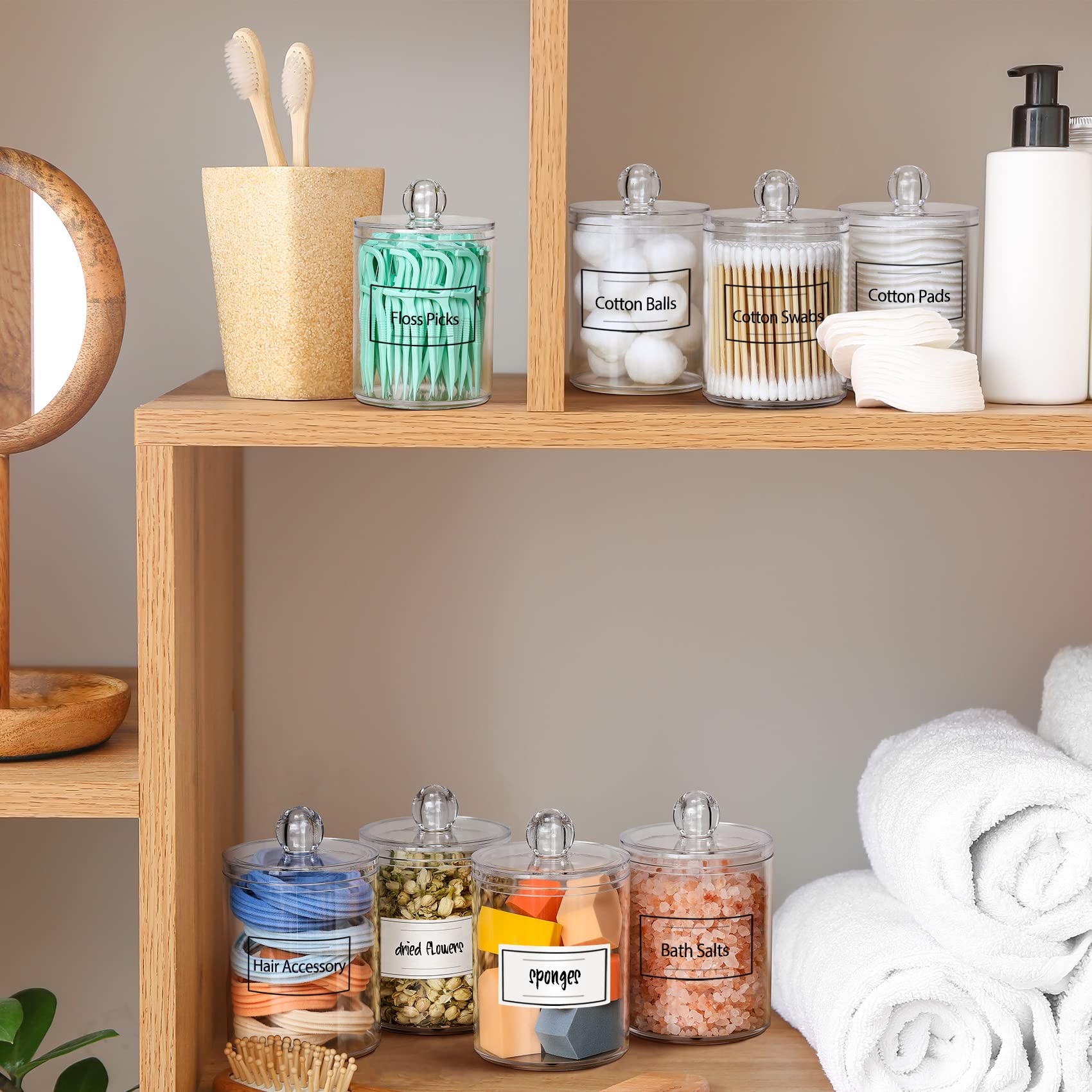 4 Pack Acrylic Qtip Holder Dispenser for Cotton Swabs, Balls, Pads, Floss Picks- Small Clear Plastic Canister Apothecary Jar Set, Bathroom Essentials Accessories Decor, Vanity Makeup Storage Organizer