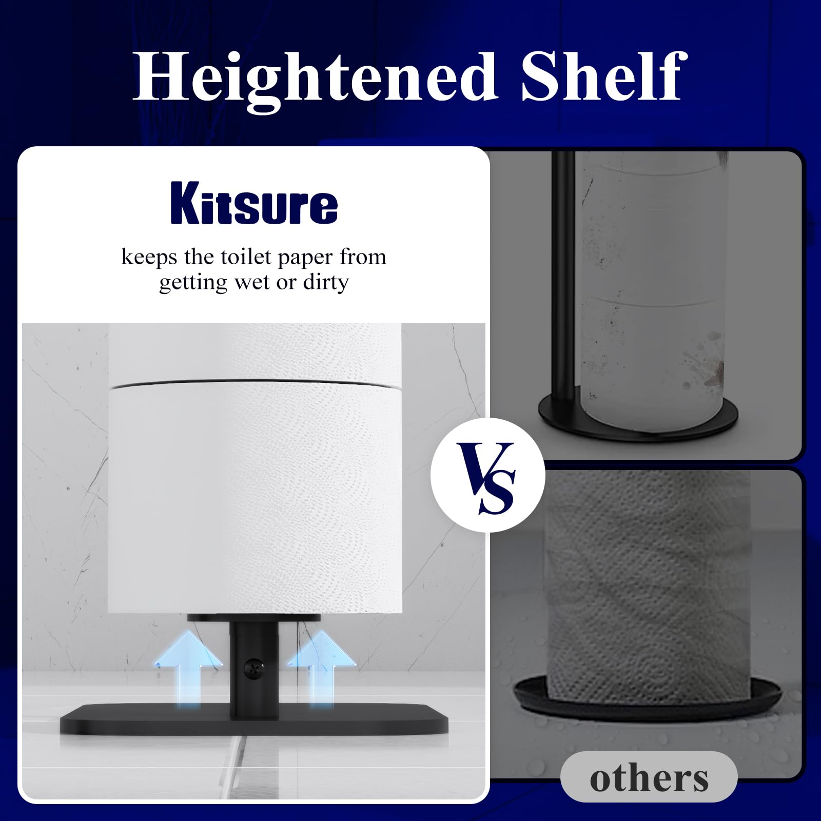 Kitsure Toilet Paper Holder Free Standing – Rustproof Metal Toilet Paper Stand for 4 Rolls with Anti-Slip Base and Shelf for Phone & Small Items, Bathroom Organizers and Storage, Medium, Black