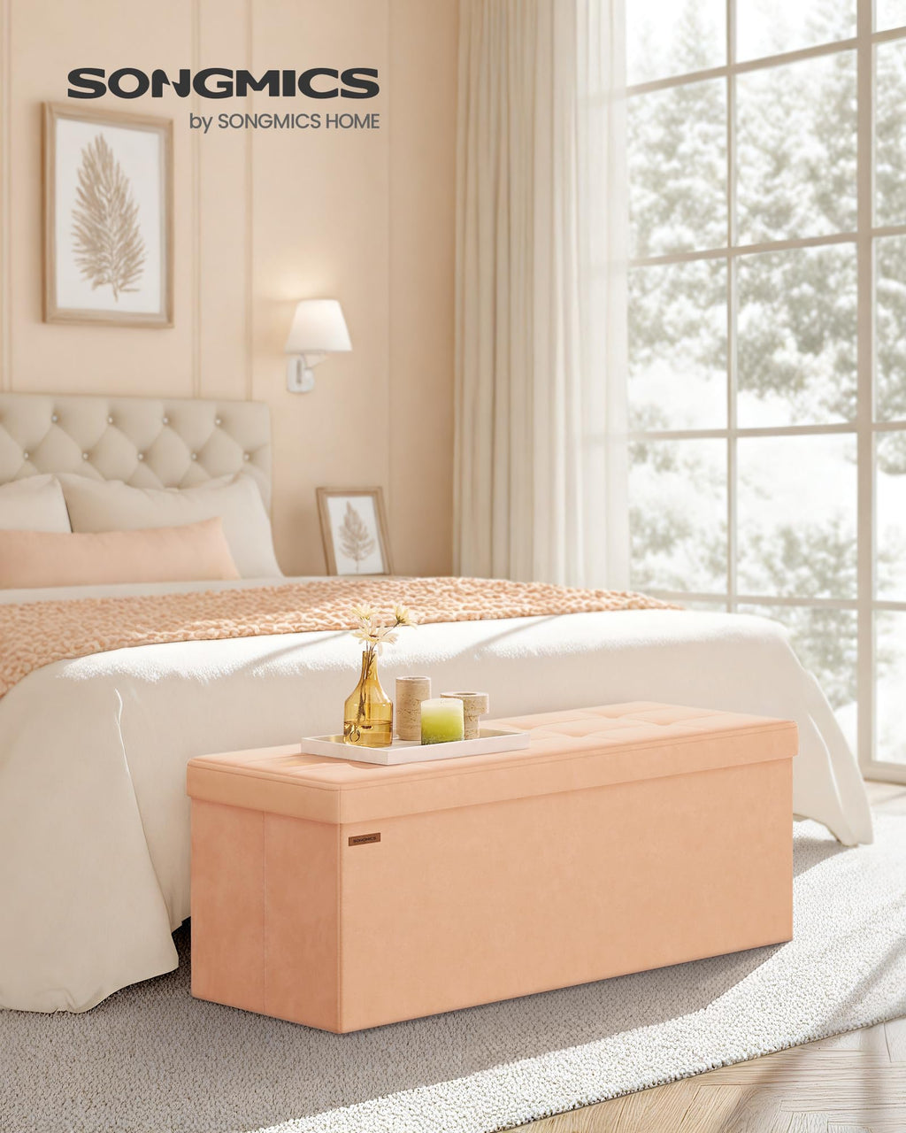 SONGMICS Mazie Collection - Storage Ottoman Bench, Foldable Foot Rest, 15 x 43 x 15 Inches, End of Bed Bench, Storage Chest, Load 660 lb, Living Room, Bedroom, Entryway, Jelly Pink ULSF277R01