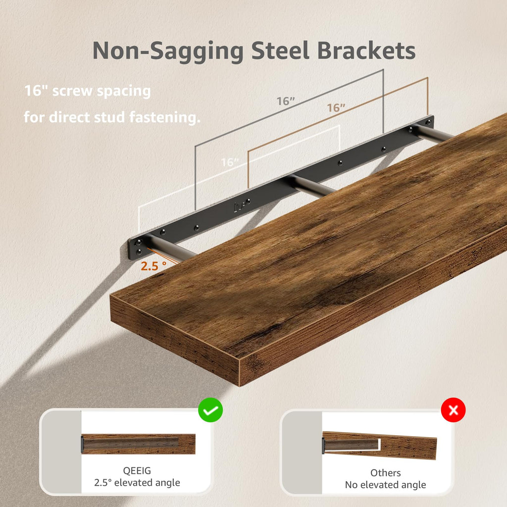 QEEIG Bathroom Floating Shelves for Wall - 15.7" Wall Mounted Shelf Over Toilet Farmhouse Home Decor Display Bookshelf Small 15.7 x 6.7 inch Set of 2, Rustic Brown (008-40BN)