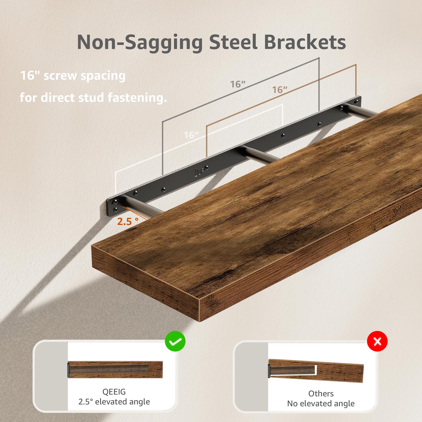 QEEIG Bathroom Floating Shelves for Wall - 15.7" Wall Mounted Shelf Over Toilet Farmhouse Home Decor Display Bookshelf Small 15.7 x 6.7 inch Set of 2, Rustic Brown (008-40BN)