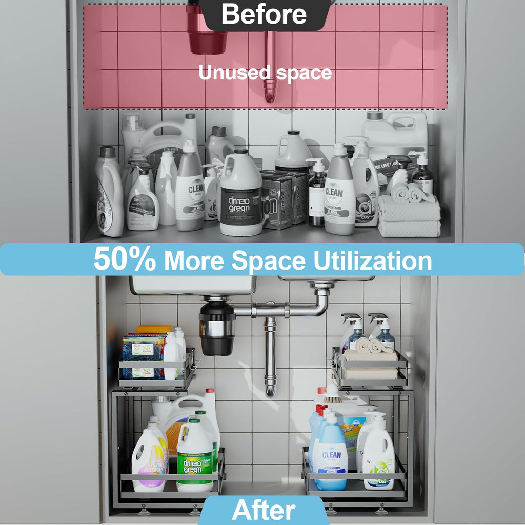 Under Sink Organizer, JCYLQ Dual-Rail Ball-Bearing, Under Kitchen Sink Organizer, 6-Level Adjustable, Under Cabinet Storage, No-Drill Adhesive/Suction, Under Sink Organizers and Storage (2-Pack)