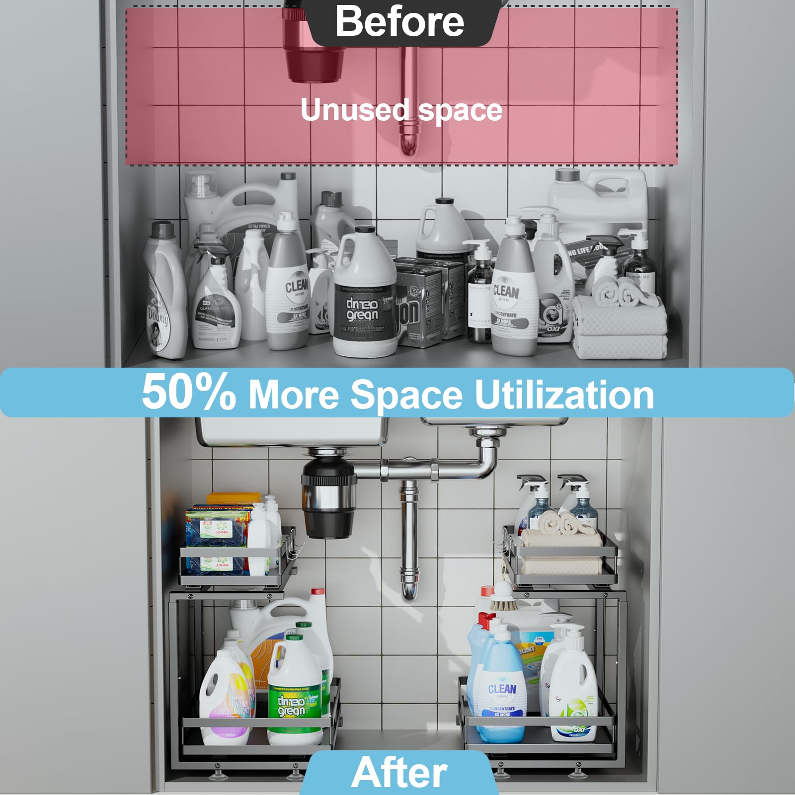 Under Sink Organizer, JCYLQ Dual-Rail Ball-Bearing, Under Kitchen Sink Organizer, 6-Level Adjustable, Under Cabinet Storage, No-Drill Adhesive/Suction, Under Sink Organizers and Storage (2-Pack)